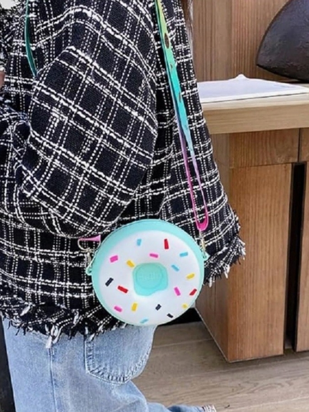 Mint Donut-Shaped Kids Crossbody Bag with Rainbow Strap